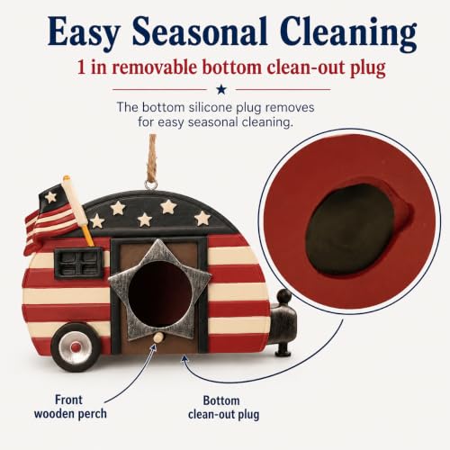 Hanging Bird House for Outside, Hand-Painted Patriotic Camper Birdhouse, Resin American Flag Bird House with Cleaning Plug, Outdoor Garden Decor for Yard, Patio, Porch, Tree, Gift for Bird Lovers - style: american flag