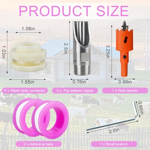 5 Pack Pig Nipple Waterer for Barrel Kit, Pig Nipple Drinkers Stainless Steel Pigs Drinker Feeder with Hardware 1/2 inch Automatic Pig Waterer System for Hog Goat Sows Piglets