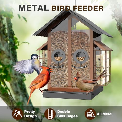 FlowaFoli Bird Feeders for Outdoors, Metal Bird Feeder with Double Suet Cage Weatherproof Metal Roof, 2 in 1 Mixed Seeds Suet Feeder, 4Lbs Large Capacity, Great for Finch、Cardinal、Chickadee（Brown） - color: Brown