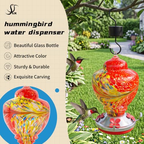 Hummingbird Feeder Colorful Blown Glass Outdoor Hummingbird Feeder with Ant Moat and 5 Feeding Ports for Outdoors Hanging Garden Decor, Bird Lovers (Red) - color: Red-Phoenix