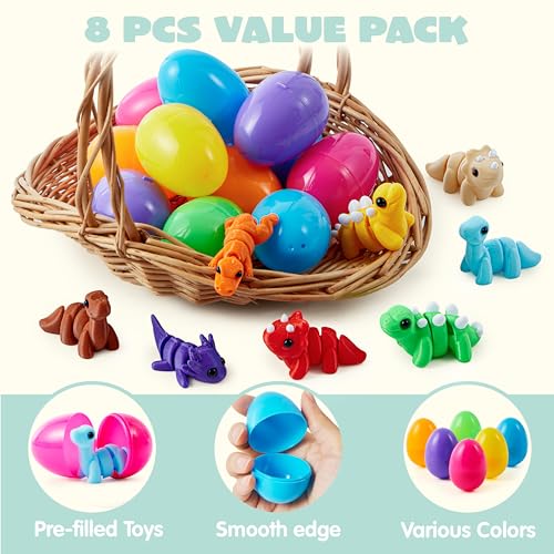 JOYIN 8 Pcs Prefilled Easter Eggs with 3D Printed Toys Mini Dinosaur, Articulated Toys, Basket Stuffers Fillers for Kids Party Favors, Stuffed Easter Egg, Classroom Prize Supplies(Age 8+)