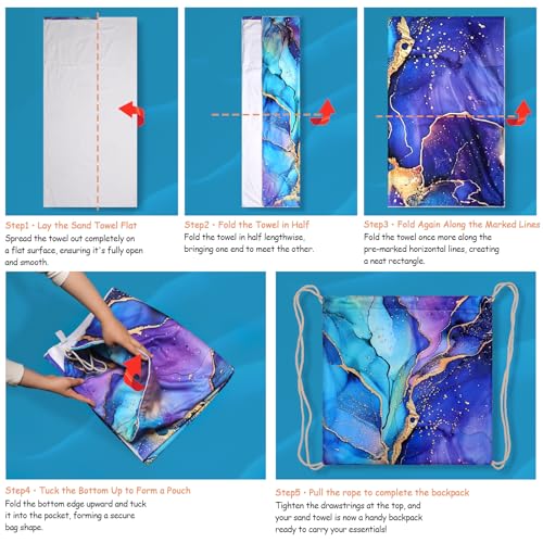 Purple Marble Beach Towel - Microfiber Beach Blanket Backpack for Travel Adult Camping Holiday 63"x31.5" - color: Abstraction Marble Purple