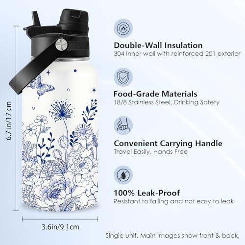 Blue Flower Gift for Women, 26oz Water Bottle with Handle for Girl Friends - color: Flower-Blue