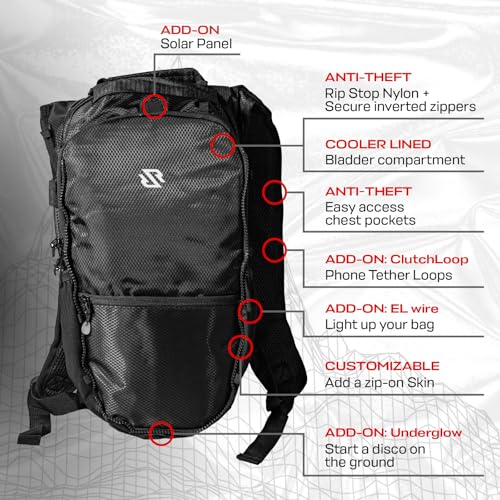 RAVERUNNER® Anti-Theft Hydration Backpack | Festival Approved Rave Backpack for Concert Goers, Leak-Free Festival Water Backpack for EDC, Rave Hydration Pack - color: Black