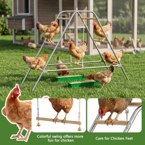 Wooden Chicken Roosting Bars with Swing & 2 Feeders | Chicken Perch Stand Coop Accessories for Outdoor Chicken Playground, Exercise Toy for Backyard Poultry Farm, Easy Assembly