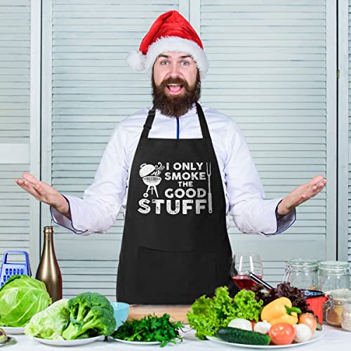 VAGAVY 100% Cotton, Black Funny Aprons for Men, Dad, Husband - Birthday, Father’s Day Grilling Gifts for Papa, Husband. - color: I Only Smoke the Good Stuff - Black