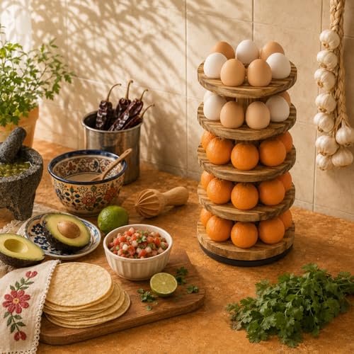 Wooden Egg Holder Countertop, 5 Tier 360° Rotating Fresh Eggs Storage Rack with 30 Slots, Pine Stackable Farmhouse Tower, Space-Saving Kitchen Organizer for Chicken Duck Easter - color: 30 Eggs - 5 Tier Round