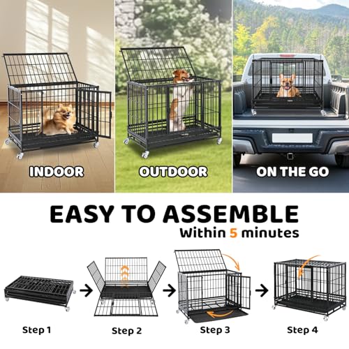 Homey Pet 37 Inch Three Tiers Stackable Dog Crates for Medium Dogs | Indestructible Heavy Duty Dog Crate Cage with Lockable Wheels, Removable Tray, Opent Top, Escape Proof Locks, Bowls - size: 37"L - 3 Tiers
