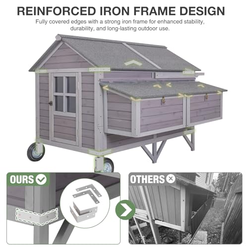 GUTINNEEN 68" Chicken Coop for 8-12 Chickens with Large Wheels, Mobile Wooden Hen House with 4 Nesting Boxes, 4 Perches, Pull-Out Trays, Outdoor Backyard Poultry Cage - size: 68.1"L x 53.9"W x 49.0"H