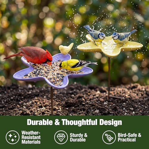 Kinsgyard 2 Pack Free Standing Tray Bird Feeders with Adjustable Pole, Wild Bird Bath for Outdoor Garden Yard Decor, Large Seed Capacity, Easy to Clean and Refill, Yellow & Purple - color: Yellow & Purple