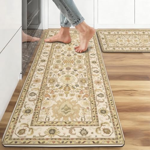Boho Kitchen Mat, 2PCs, 17.3" x 47" + 17.3" x 29", Cream & Gold | Non-Slip Cushioned Comfort Washable Anti-Fatigue Floor Rug, Ergonomic Standing Rugs, Set of 2 for Home, Sink, Laundry - color: Black-1