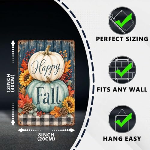 Happy Fall Teal White Pumpkin Pinecone Tin Sign Rustic Buffalo Plaid Wall Art for Entryway Kitchen Dining Room Living Room and Farmhouse Home Decor 12 * 8In - color: Vintage Thanksgiving Tin Sign 14, size: 20X30cm(12*8in)