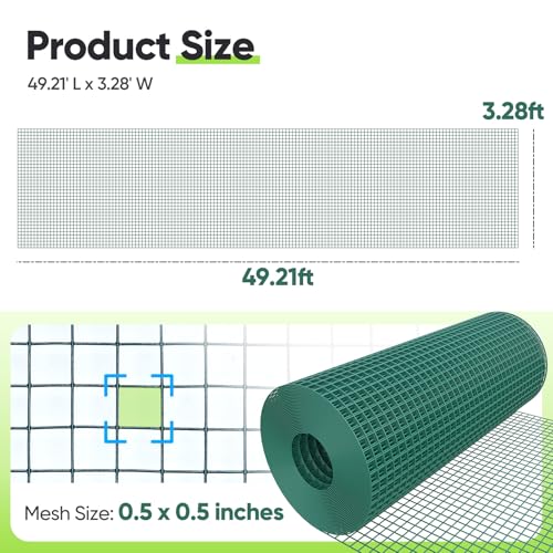 Quictent 1/2 inch Hardware Cloth for Chicken Coop 40in x 50ft 20 Gauge, Dark Green Vinyl Coated Chicken Wire Mesh, Predator Proof Chicken Fence, Garden Netting - color: 1/2" (Small Mesh), size: 50 FT
