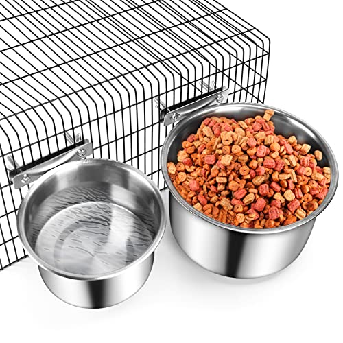 Crate Food and Water Bowl, ShineMe 2 Pack Stainless Steel Hanging Pet Bowls for Crates Kennels Cages, Metal Dog Crate Bowls Hanging No Spill for Medium and Large Pets (7.1 * 3.5” & 5.5 * 3.2”) - color: Silver (60oz+30oz)