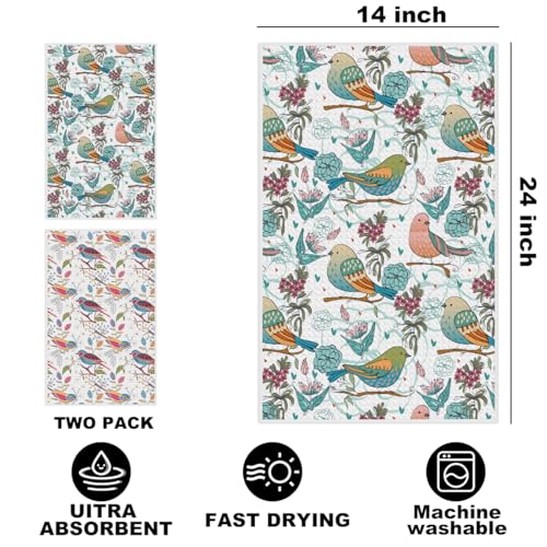 Jztco 2 Pcs Vintage Bird Kitchen Towels, Spring Flower Seamless Hand Towels | Absorbent Microfiber Dish Cloth Tea Towel for Kitchen Bathroom Decor, Home Gifts for Women 24x14 Inch - color: Multi 1383