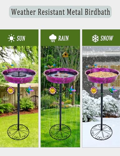 Pedestal Bird Bath for Outdoors - Metallic Purple & Blue 11.5” Metal Birdbath Bowl & Feeder Freestanding Garden Decor Yard Art (26” Tall, 0.7 Gallon)