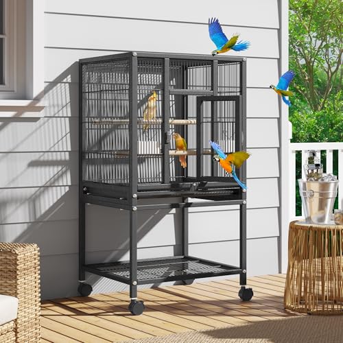 YITAHOME 41 inches Metal Bird Cage for Parakeets: Large Parrot Cages with Tray, Food Boxes, and Wooden Perches with Rolling Stand & Brakes for Lovebirds Cockatiels Pigeon Finches, Black | Large Parrot Cages with Tray, Food Boxes, and Wooden Perches with R