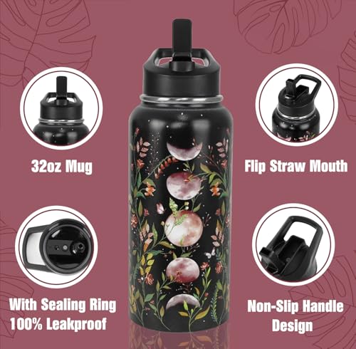 Goth Water Bottle with Straws Insulated Bottle Halloween Gothic Flower Moon Travel Thermal Double Walled Vacuum Cup Leak Proof Stainless Steel Tumbler Witchy Decor Gifts-32 oz - color: Champagne gold black