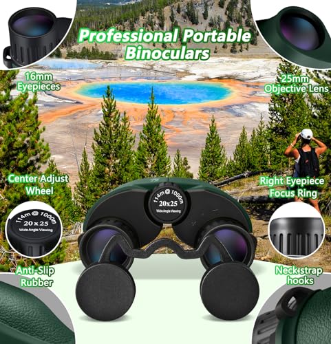 Small Compact Binoculars Adults Kids - 20x25 Mini Pocket Binocular for Bird Watching, Waterproof Portable Powerful Binocular, Lightweight High Powered Easy Focus Binoculars for Concert, Outdoor Hiking
