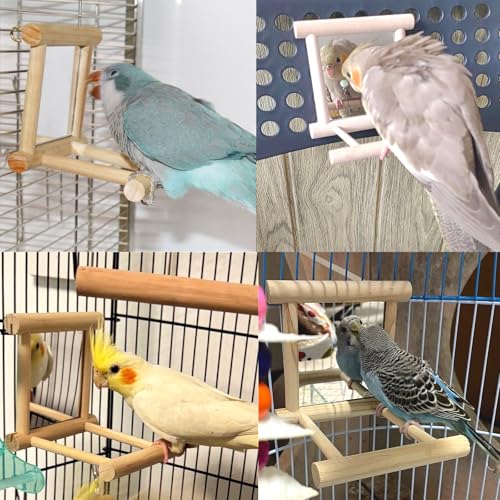 2Pcs Bird Mirror Parakeet Mirror Perch Stand Wooden Swing Mirror Toy Cage Accessories for Parrots Budgies Parakeets Cockatiels Lovebirds Finches - size: 2 Pcs