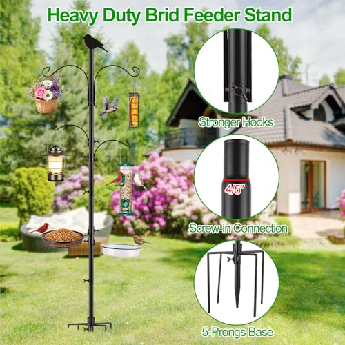 4 Hook Bird Feeding Station Kit,75in Heavy Duty Shepherd Hooks for Outdoor,Birds Feeder Stand Pole with 5 Prong Base|Metal Suet Feeder|Birds Bath|Mesh Tray,Planter Hanger