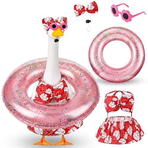 Bikini Summer Porch Goose Outfits for 23" Goose | with Goose Sunglasses Bow Headpiece and Swimming Tube, Hawaiian Red Monstera Porch Goose Outfits, Garden Patio Statue Decor - style: Hot Pink Monstera