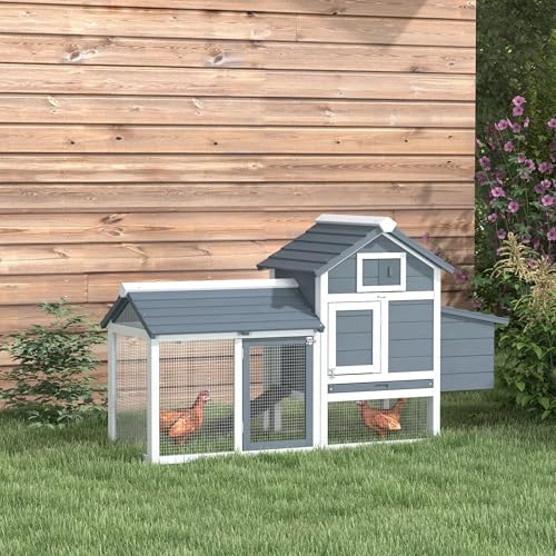 PawHut 59" Small Wooden Chicken Coop Hen House Poultry Cage for Outdoor Backyard with 2 Doors, Nesting Box and Removable Tray, White | Hen House Poultry Cage, 2 Doors, Nesting Box, Removable Tray - color: White