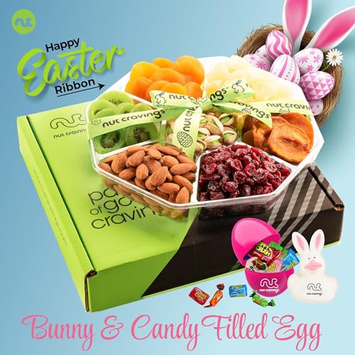 NUT CRAVINGS Gourmet Collection - Easter Treats, Candies & Dried Fruit Nuts Gift Basket with Happy Easter Ribbon, Candy Filled Egg + Bunny (7 Piece Assortment) - style: 1. Easter - Deluxe (7 Piece Assortment)