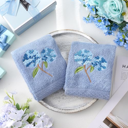 SmoothNovelty 2 Pcs Hydrangea Hand Towels Blue Bathroom Decor 14x29 Inch | Embroidered Floral Bathroom Hand Towels, 100% Cotton, Soft Absorbent, Bathroom Kitchen Decor, Spring Summer - style: Hydrangea Floral