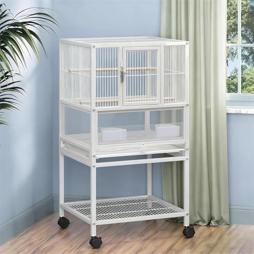 Garvee Small Bird Cage, 32" H Bird Carrier with Storage Shelves, White Travel Bird Cage for Parrot, Acrylic Parrot Carrier for Medium Small Bird