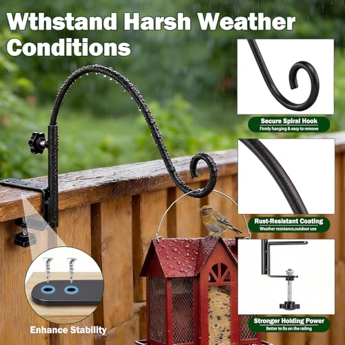16 Inch Deck Hooks Railing Plant Hanger 2PCS, Shepherd Hook Swivel | Heavy Duty Deck Hooks for Railing, 360° Swinging Plant Hanger Bracket Outdoor, Solid Iron Plant Hangers for Deck Railing - size: 16Inch -2PCS