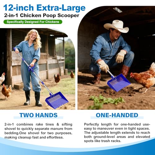2-in-1 Chicken Poop Scooper & Rake 12-Inch Large Metal Shovel Head Adjustable Stainless Steel Handle (24 to 64") Litter Sifting Shovel Cleaning Tools for Chicken Run, Animal Farm (Blue) - color: Blue