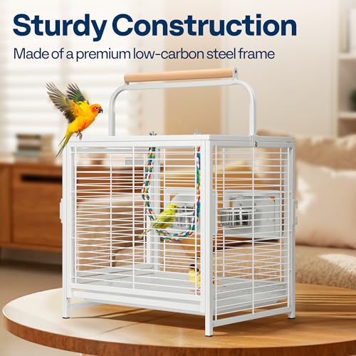 VIVOHOME 19 Inch Wrought Iron Travel Bird Cage for Cockatiel Parakeets | Bird Travel Carrier Cage with Wooden Handle/Perch, Slide-out Tray for Small Parrots Conures Lovebirds Canaries Finches, White - color: White