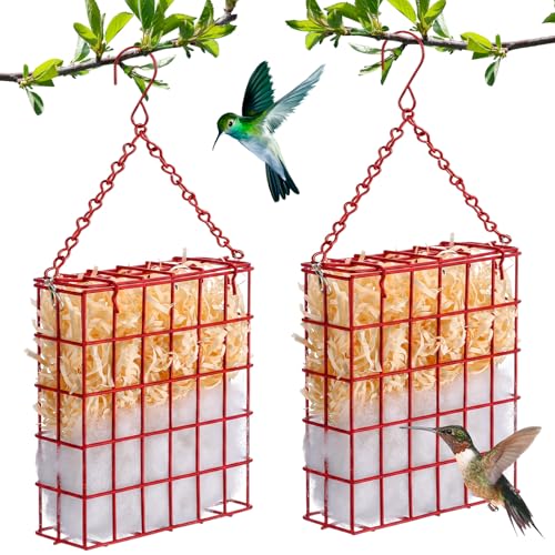 2 Set Hummingbird Nesting Material Hanging Cage Holder with Natural Cotton Raffia Gift for Bird Lover Hummingbird House Material for Wild Bird Outdoor Garden Home Resting Place (Red) - color: Red