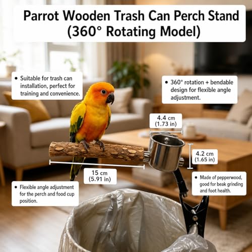 Bird Perch Stand with Clip and Food Bowl for Trash Can, Adjustable & Portable Parrot Stand, Bendable Bird Training Perch for Cockatiels, Conures, Lovebirds and Medium & Small Parrots