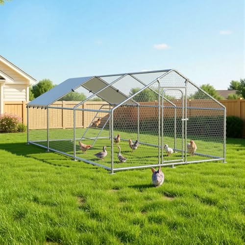 Large Metal Chicken Coop with Roosting Perch and Cover | Spire roof outdoor walk-in cage with waterproof UV-resistant cover, 10' x 19.7' x 6.4' enclosure for chickens - size: 236.4"L x 120.0"W x 76.8"H
