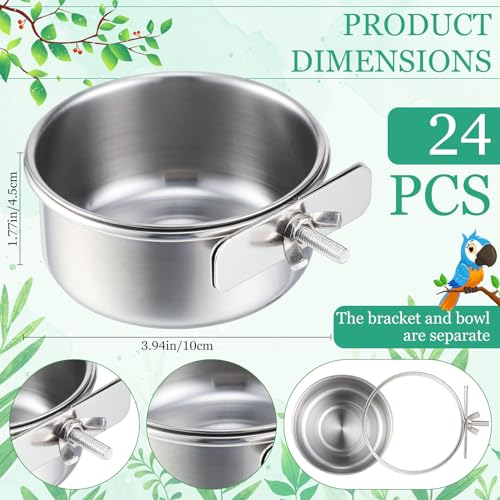 24 Pcs Stainless Steel Parrot Food Bowls Bulk 10 oz Bird Feeding Dish Cups for Cages Bird Bowls with Clamp Pet Water Feeders Cage Accessories for Parakeet Parrot Budgie Rabbit Chicken