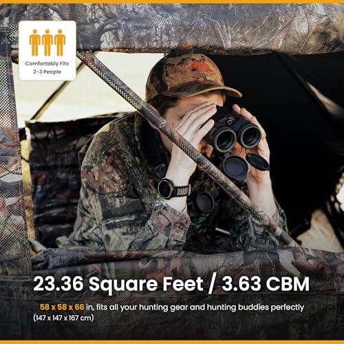 Hunting Stealth Deer Blind Shelter, Camping, Camouflage | 270° Vision 4.8x4.8 Ft Pop-up 2-3 Person See-Through, Magnetic Door, Sliding Windows and Backpack Carry Bag, Beach, Fishing