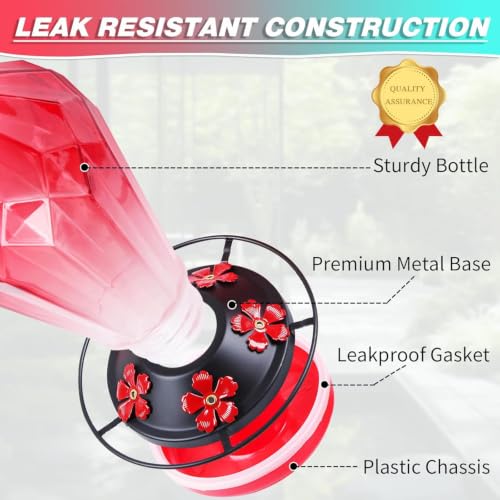 2 Pack Glass Hummingbird Feeder for Outdoors Hanging, 25Oz Humming Bird Nectar Feeder, Perch, 5 Flower Feeding Ports, Leak Proof Base, Hook for Outside Garden Backyard, Gift for Women, Diamond Red - color: Diamond Red-2
