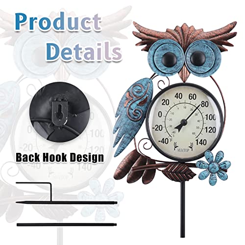 Outdoor Thermometer, Owl Outside Decor for Patio, Yard and Garden | No Battery Needed Garden Stake Wall Art Gifts Idea Waterproof - color: Cyan
