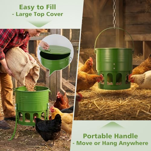 Tgeyd Metal Bucket Chicken Feeder, 20LB Large Capacity Poultry Feeder with 12 Feeding Ports & Dual-Cone No-Waste Design, Adjustable Height & Foldable for Storage, Rust-Proof for Chickens, Ducks, Quail | Organometallic coating