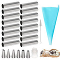 Cannoli Tubes Set, 25 Pack Large Cannoli Forms with Cleaning Brush, Reusable Silicone Piping Bag and Long Piping Tip, Stainless Steel Kitchen Tool DIY Dessert Supplies - color: 16 pcs large cannoli tubes + blush + icing bag+ long icing tip