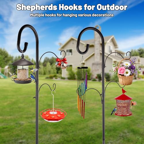 4-Hook Shepards Hooks for Outdoor,Adjustable 92 Inch Bird Feeder Pole with 5 Base Prongs,Garden Planter Stakes Suitable for Garden in Hanging Flower Basket,Lantern,Outdoor Décor