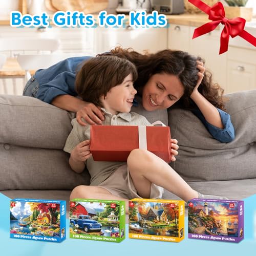 4 Pack 100 Piece Puzzles, Large Piece Jigsaw Puzzle for Kids Ages 5-8 | 4 Themed Landscape Puzzle Set Educational Toys for Girls Boys, Fun Learning Activity Puzzle Games for Children Ages 4-10 - style: Swan Lake Autumn Forest Cabin Lighthouse