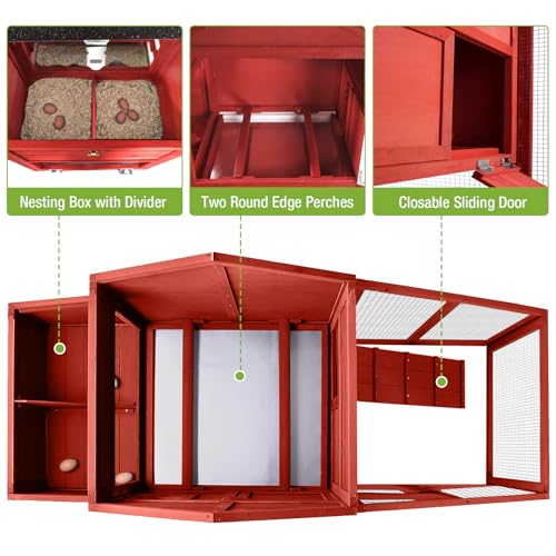 GUTINNEEN Mobile Chicken Coop for 2-4 Chickens with Wheels, Expandable Large Hen House with Run, UV-Protected Roof, Divided Nesting Boxes, Easy One-Person Move, Red - color: Red, size: 65.2"L x 26.4"W x 47.6"H
