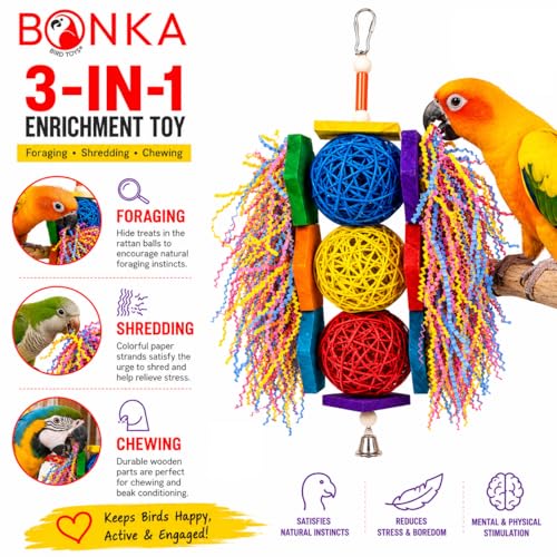 Bonka Bird Toys 1854 Tri Foraging Star 13" x 8" Natural Vine Ball Chew and Shred Toy for Medium to Large Birds Like Conures African Greys Amazons and Similar - size: Tri