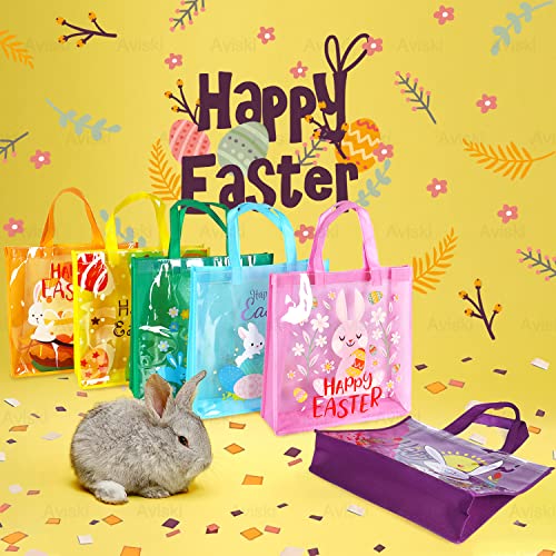 6PCS Happy Easter Egg Hunt Bags Easter Bunny Carrot Chick Egg Gift Bags with Handles, Easter Treat Bags, Multifunctional Non-Woven Easter Bags for Gifts Wrapping, Easter Party Supplies , 13×13×4inch - color: Pink Purple Green Blue Orange