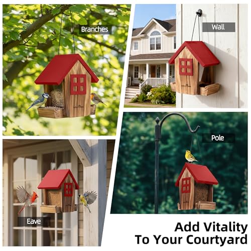 Wooden Hanging Hopper Bird Feeder for Outdoors with Weatherproof Roof Red | Bird House Feeder Attracts Various Wild Birds Cardinals, Bluebirds for Backyard, Yard and Patio Hanging Feeding - color: Red