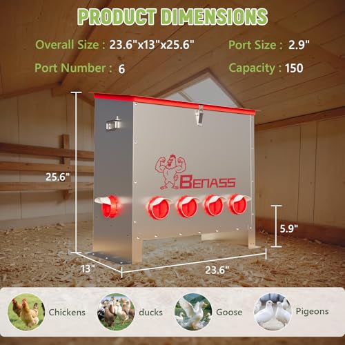 150LB Automatic Chicken Feeder, No-Waste Metal Poultry Feeder with 6 Ports, Predator-Proof Latch & Weatherproof Design, Includes Anti-Tip Ground Stakes & Vegetable Hanging Feeder - size: 150LB-6 Ports