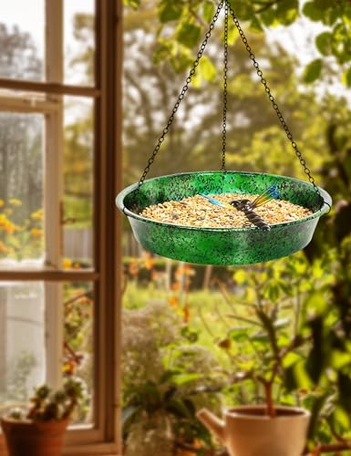 Hanging Bird Bath for Outside, 11.5” Metallic Green & Blue Metal Birdbath Bowl & Feeder with Black Chain Outdoor Garden Yard Decor - color: Metallic Green & Blue